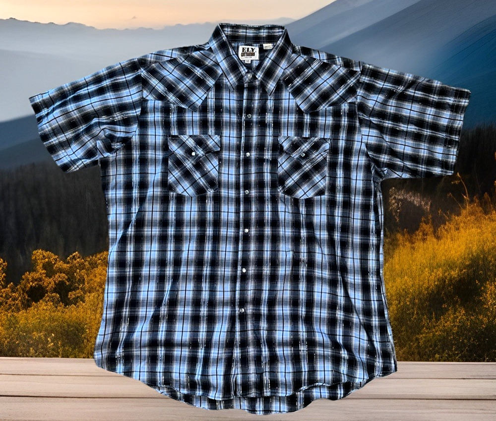 Ely Cattleman Pearl Snap Western Shirt *SILVER THREAD* Blue Plaid Men's Size XL